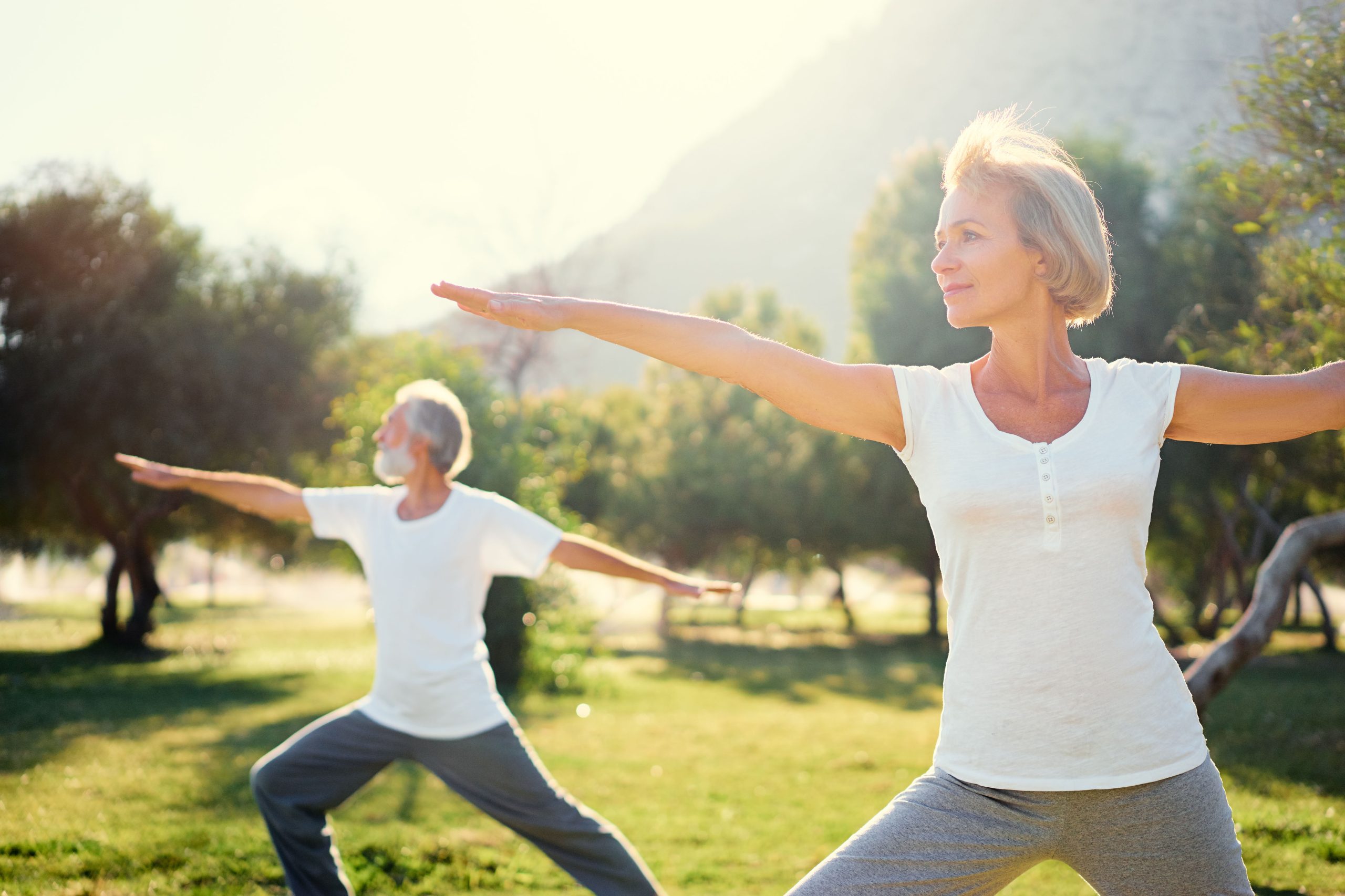 Seniorinnen beim Tai Chi auf einer Wiese.