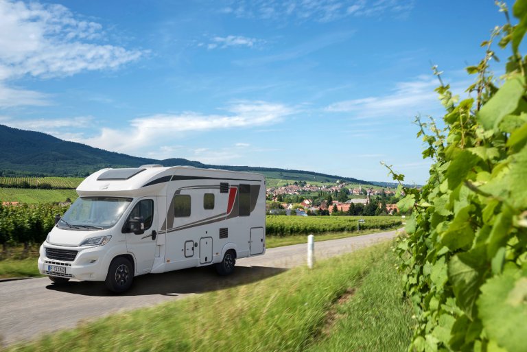 Wohnmobil in Weinlandschaft auf der Straße