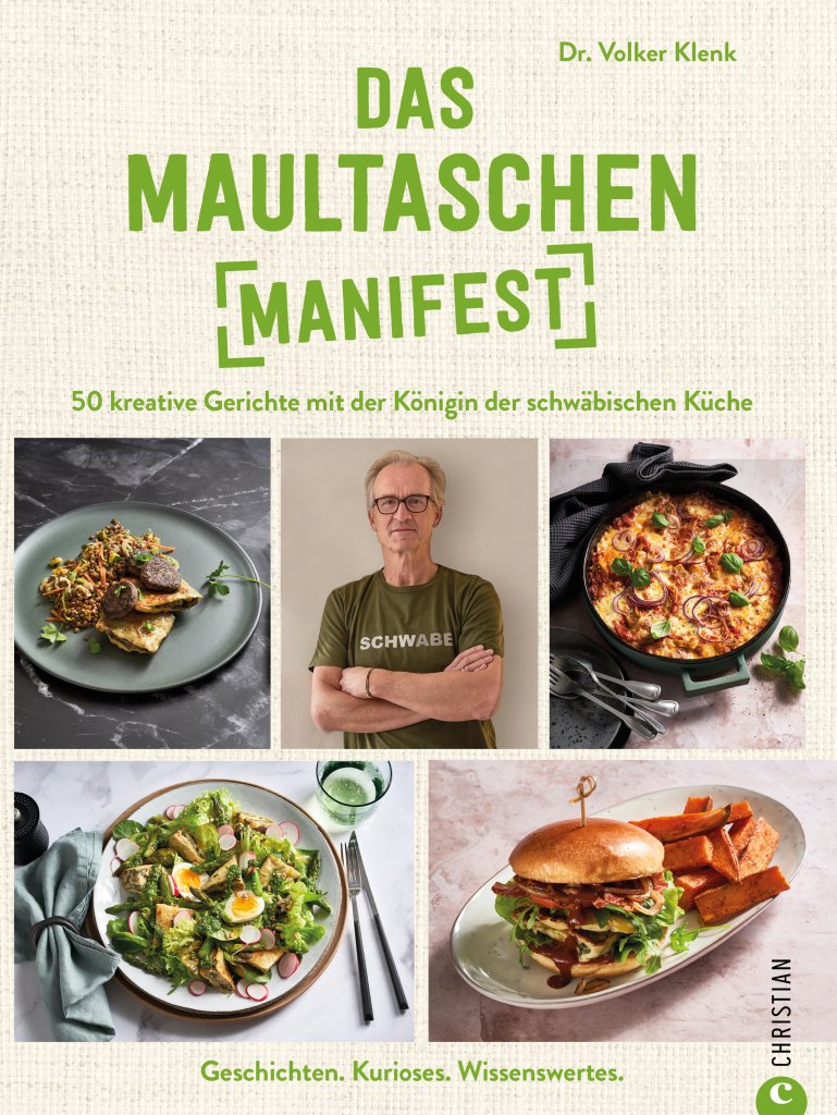 Mit Gerichten und dem Bild des Autoren versehen präsentiert sich der Titel „Das Maultaschen Manifest“.