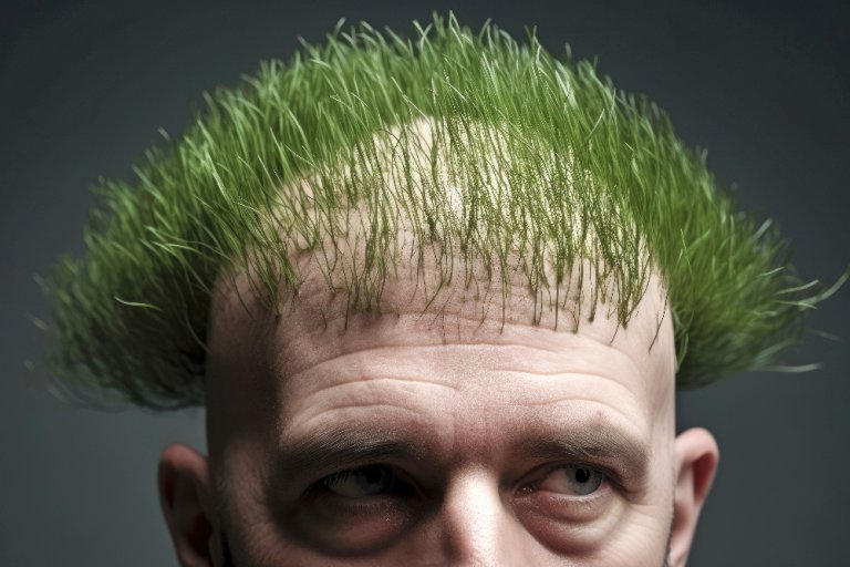 Auf einem kahlen Männerkopf wächst Gras statt Haare.